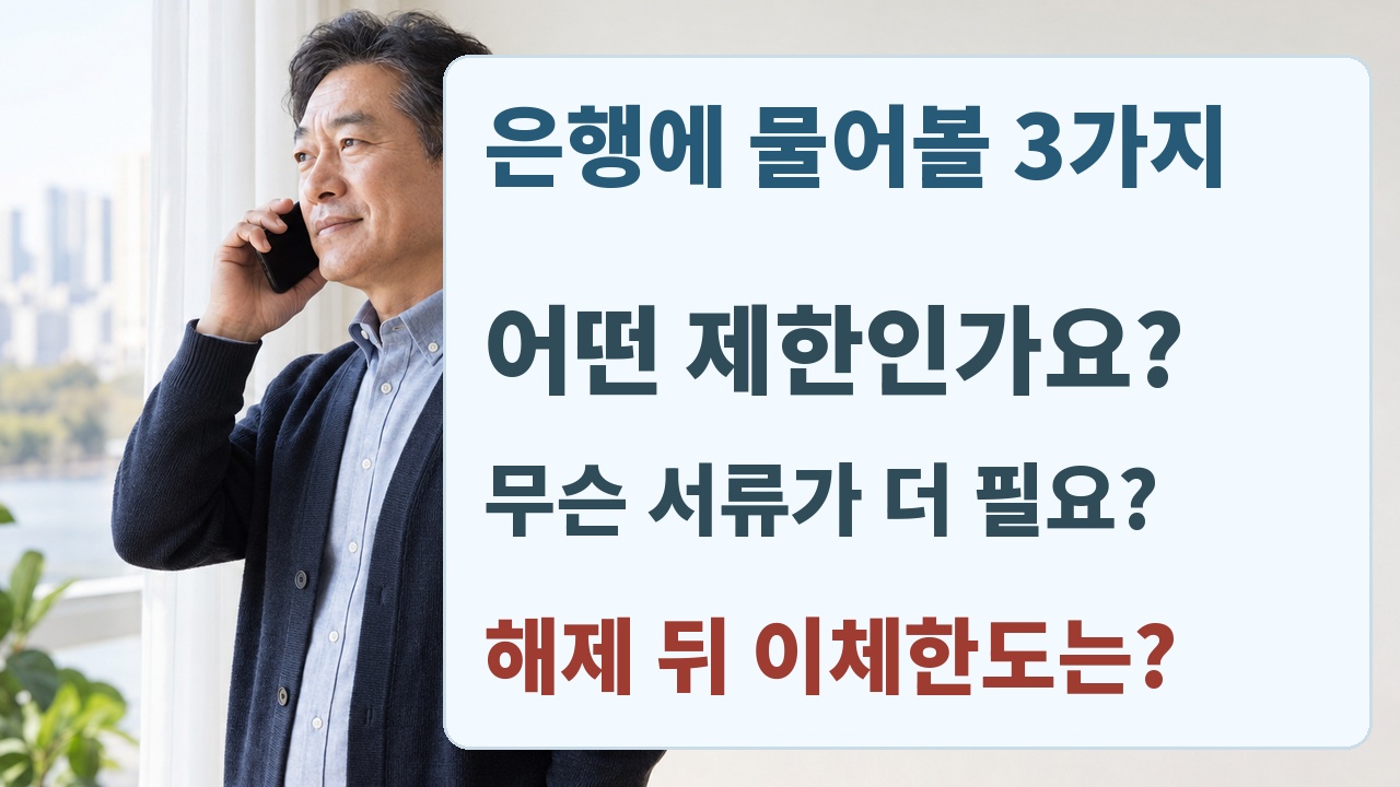 은행 방문 전에 제한 종류와 인정 서류, 해제 뒤 이체한도를 확인하는 전화 문의 순서