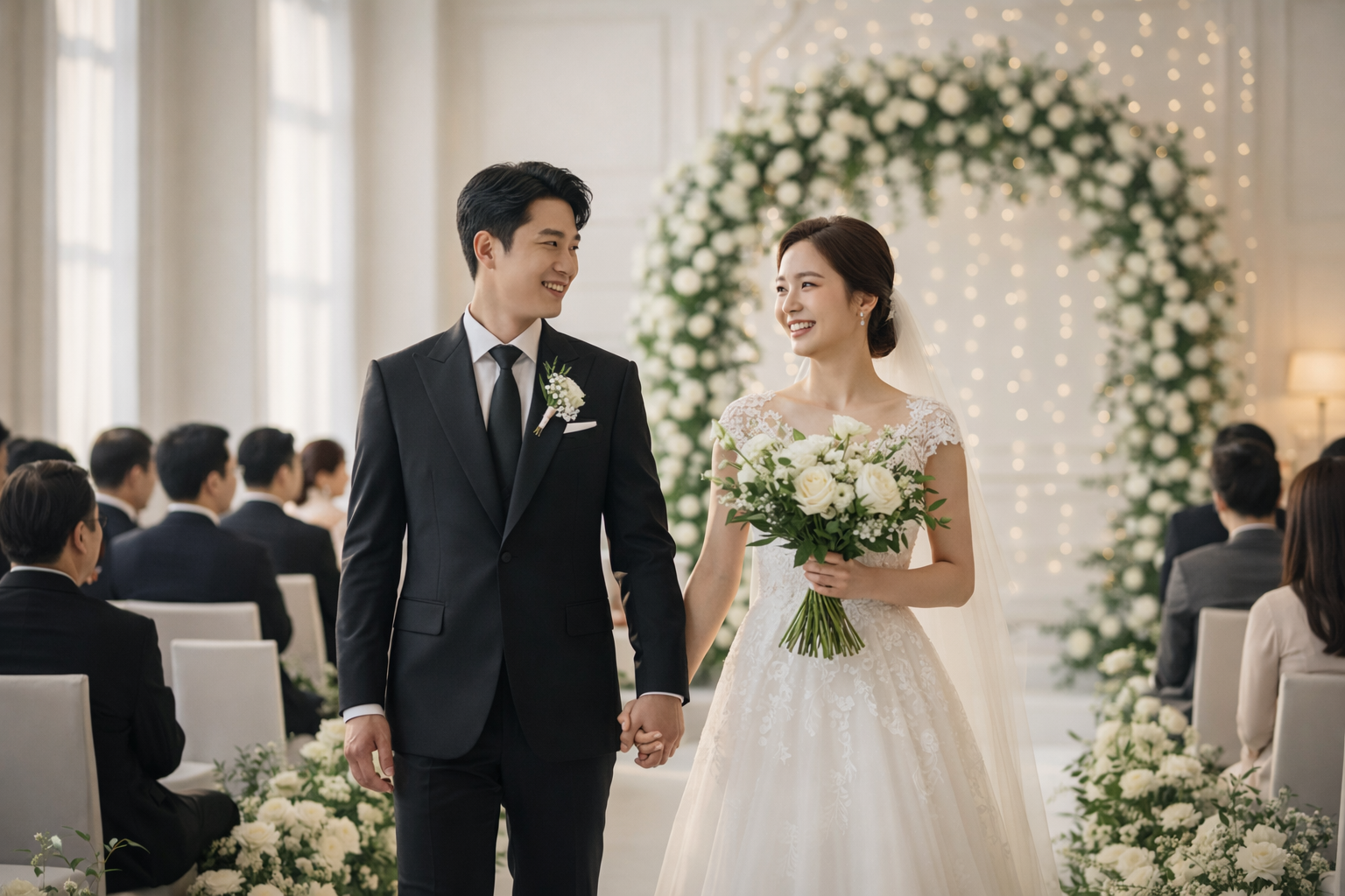 남녀가 결혼식장에서 마주보고 웃는 모습