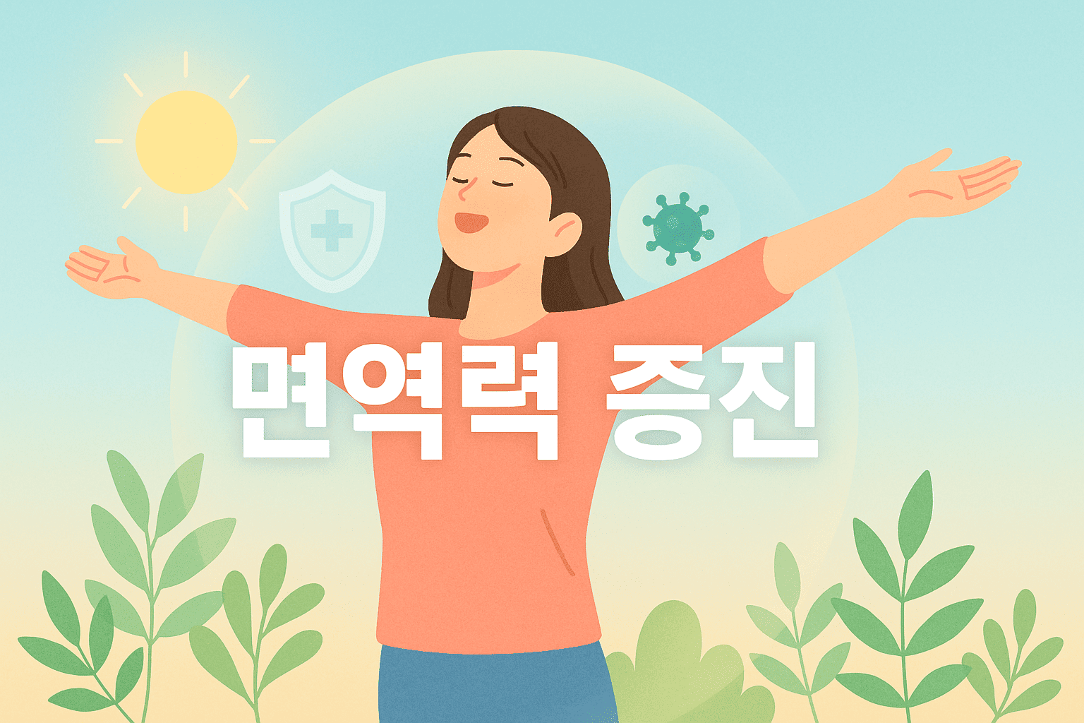 햇살-자연-깊은숨-면역력강화-건강호흡-면역보호막-식물-여성스트레칭-면역력상징-파스텔배경