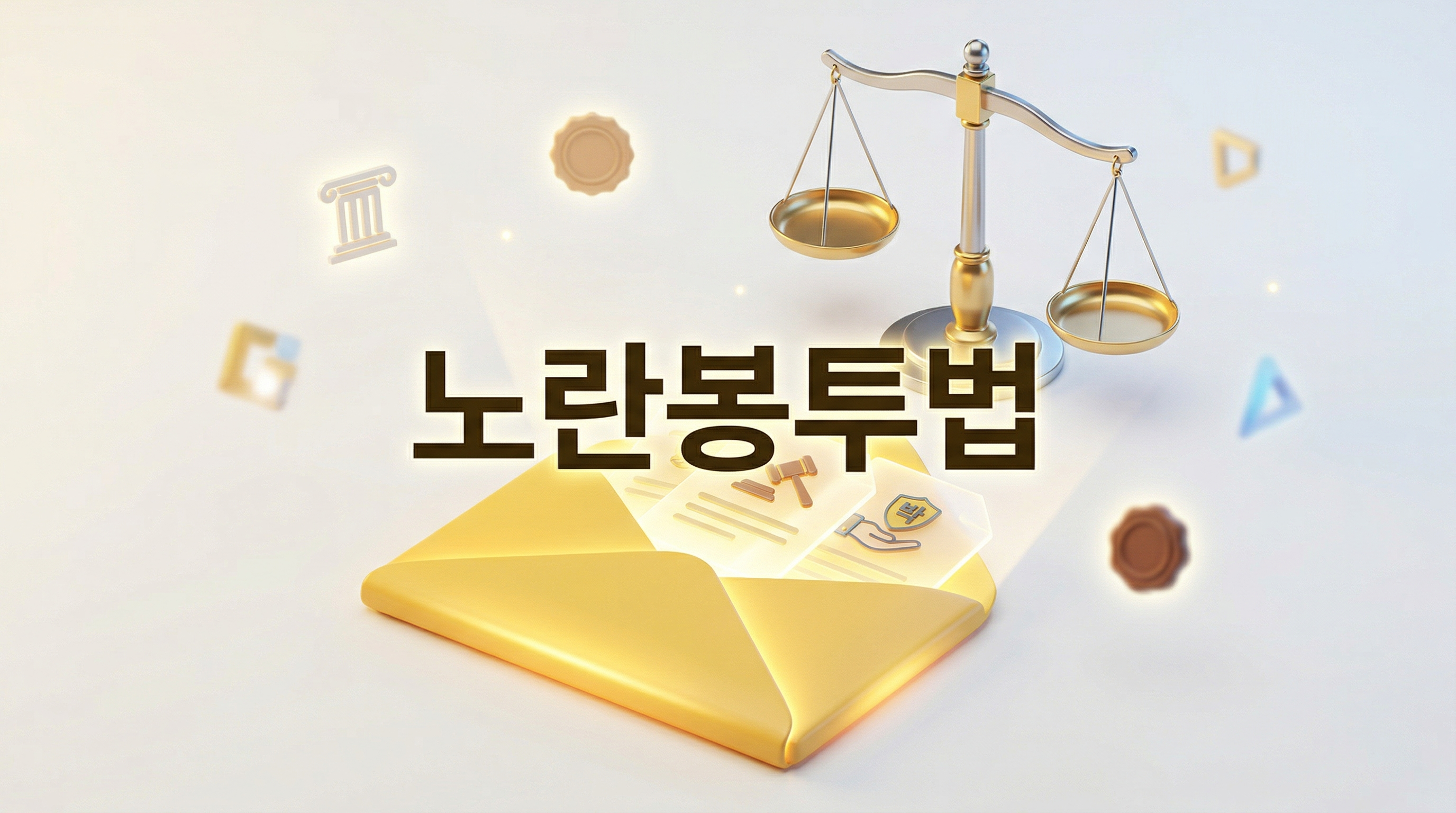 빛나는 노란 봉투와 저울 배경에 '노란봉투법'이라는 한글 문구가 중앙에 적힌 16:9 비율의 3D 일러스트