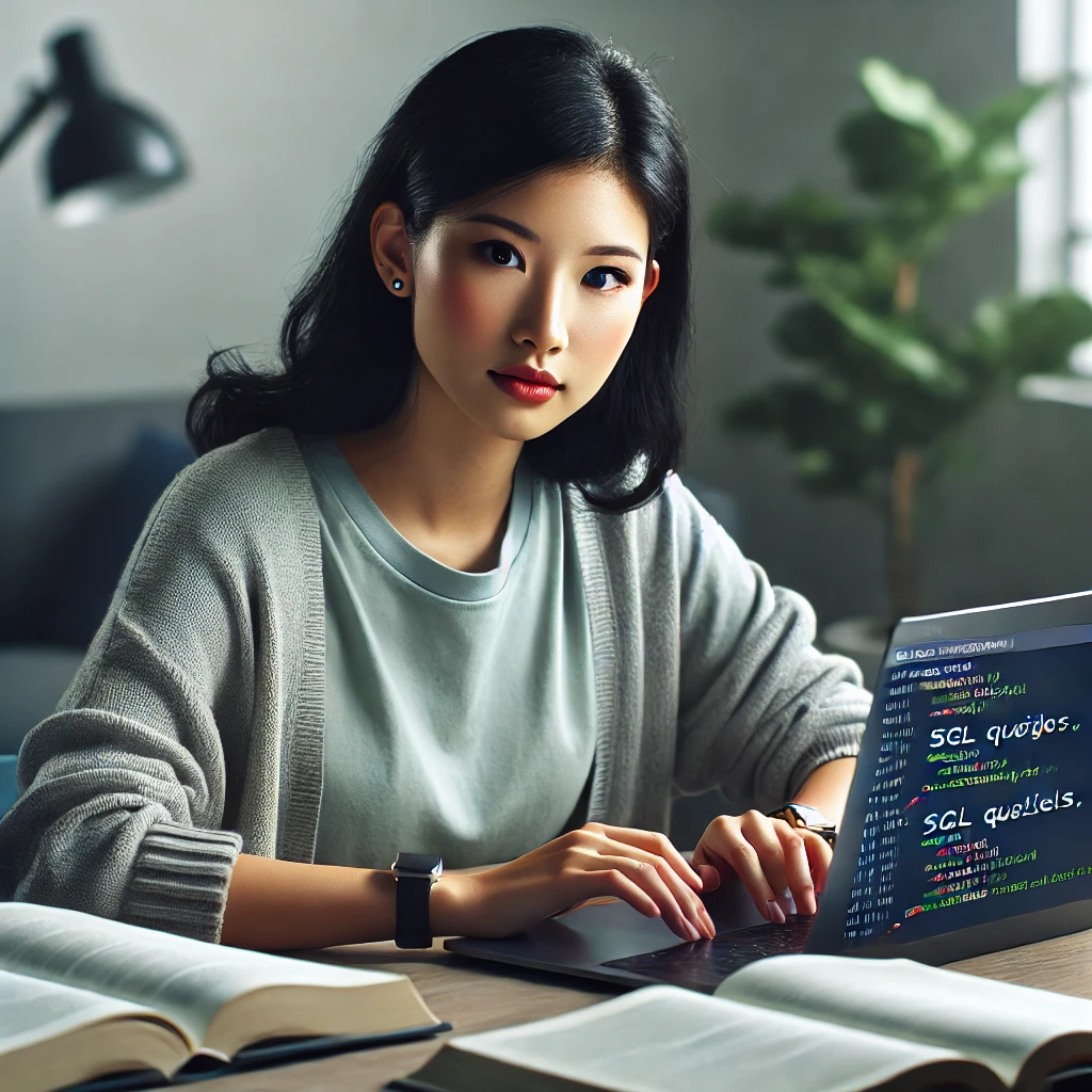 20대 후반의 한국 여성이 현대식 작업 공간에서 노트북으로 SQL 쿼리를 연습하며 결단력 있는 표정, 주변에는 펼쳐진 책과 노트가 놓여 있는 모습