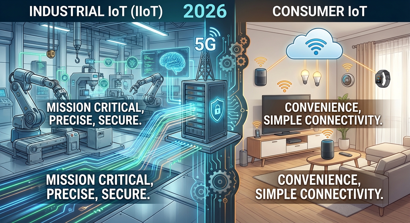 2026년 산업용 IoT(IIoT)와 일반 소비자용 IoT의 차이점을 시각적으로 비교한 인포그래픽 썸네일. 왼쪽은 미션 크리티컬하고 보안이 중요한 스마트 공장 환경을, 오른쪽은 편의성 중심의 스마트홈 환경을 묘사하며 두 기술의 핵심 특징을 대조적으로 보여줍니다.