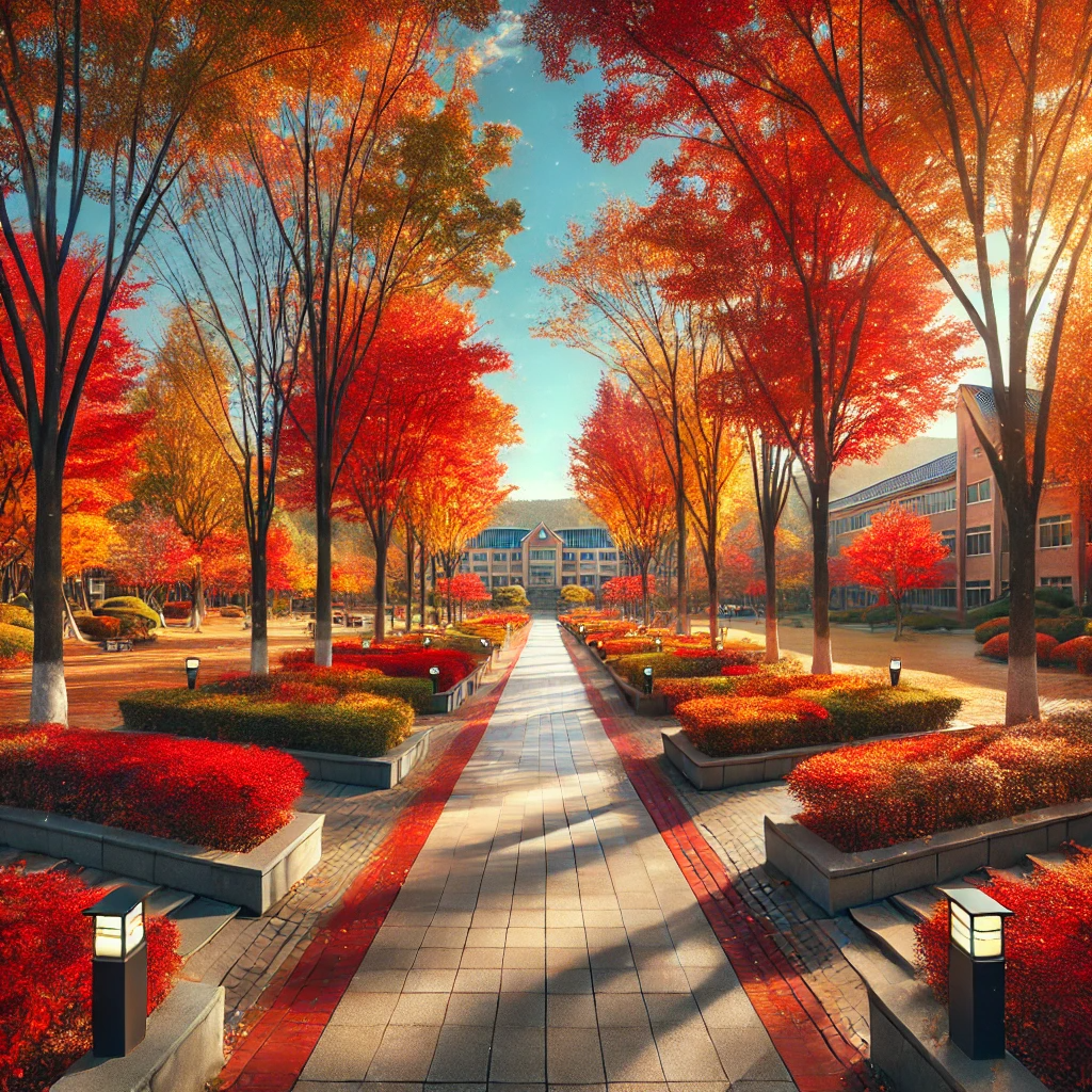 가을 단풍이 물든 전남대학교 캠퍼스의 산책로 풍경