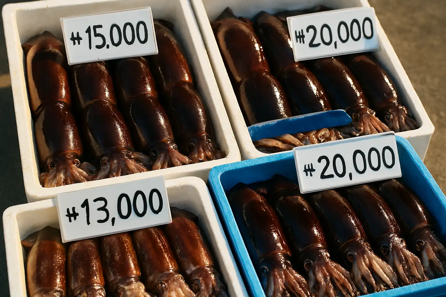 신선한 오징어와 덜 신선한 오징어를 비교하는 가상 이미지