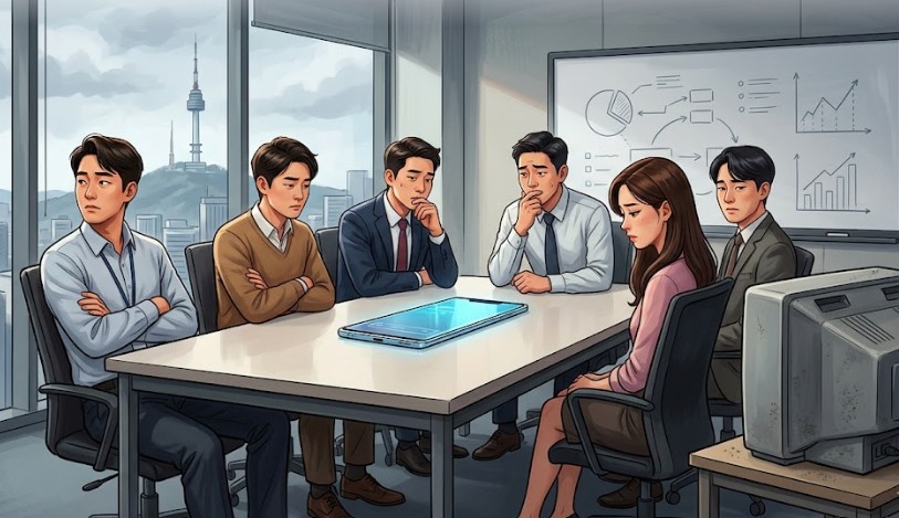 최신 경쟁사 제품을 보고 애써 무시하는 회의실에 모인 직원들과 그 옆에 놓여진 뒤떨어진 자사 제품의 모습