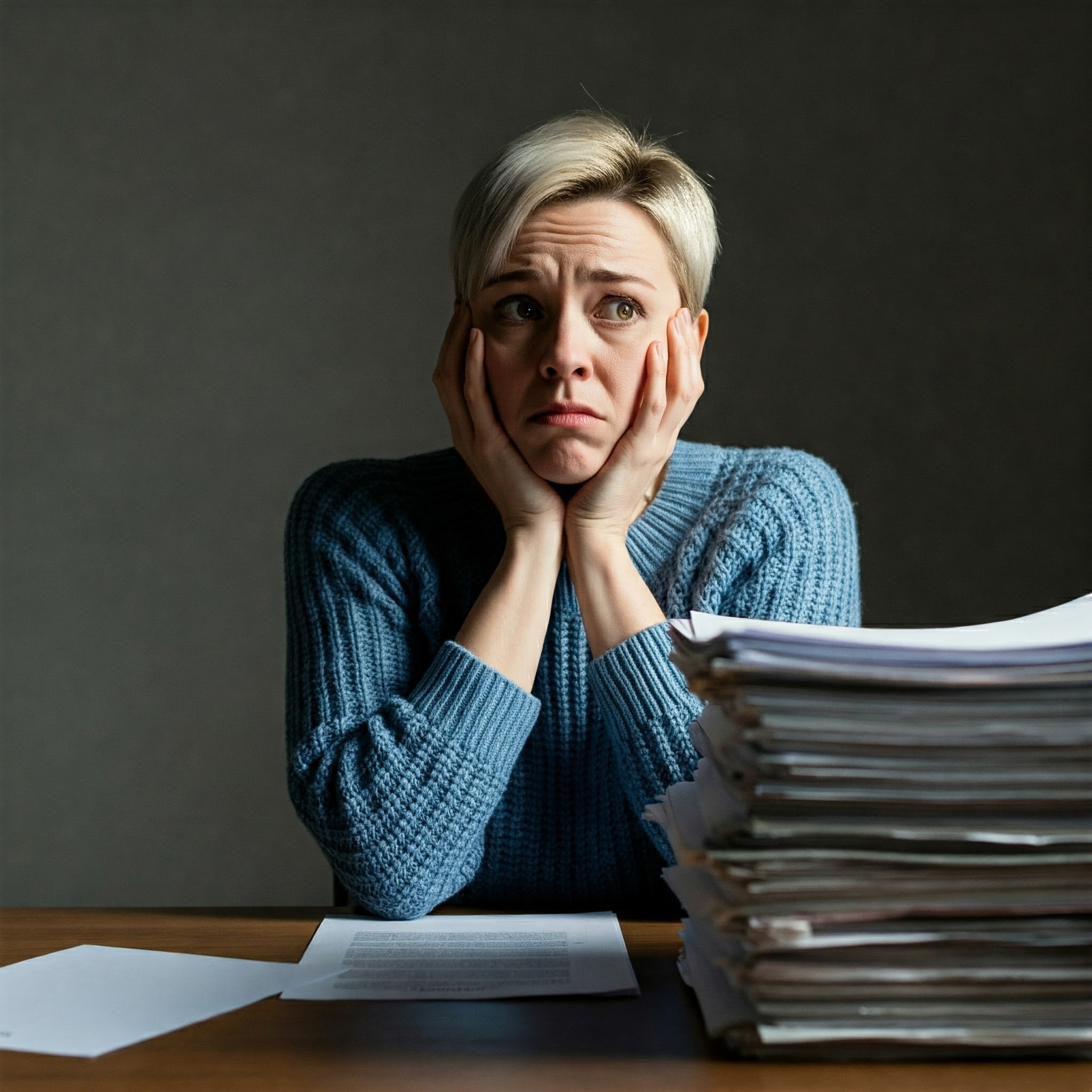 법률문서를 책상에 두고 고민하고 있는 여성