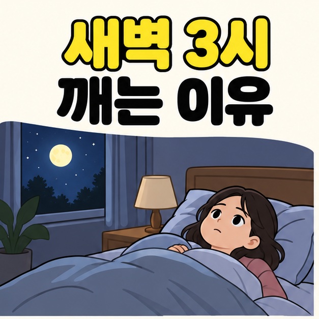 새벽 3시 깨는 이유라는 제목 아래 달이 보이는 침실에서 여성이 이불을 덮고 눈을 뜬 채 누워 있는 그림