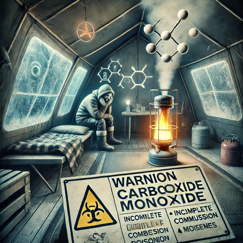 겨울철 캠핑에서 난방기구의 불완전연소로 인한 일산화탄소 발생의 위험성을 알릴 수 있는 사진