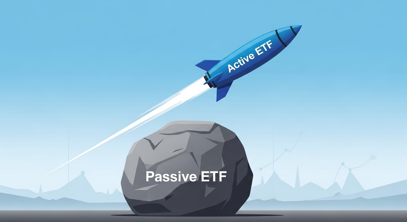 패시브 ETF를 상징하는 거대한 바위와 이를 뛰어넘는 액티브 ETF 로켓 이미지
