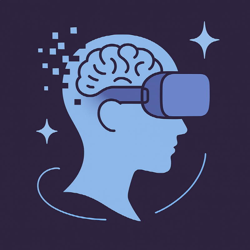 인간의 머리 실루엣 안에 부드러운 선으로 그려진 뇌와, 그 위를 감싸는 모던한 VR 헤드셋이 어우러져 있으며, 브레인에서 퍼져나가는 추상적인 빛과 별이 기술과 감정의 연결을 시각적으로 상징합니다.