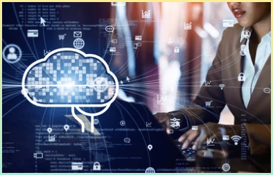 프로그래밍 언어를 배우는 여자의 모습을 담은 사진. 뇌 그래픽을 통해 스마트함을 표현