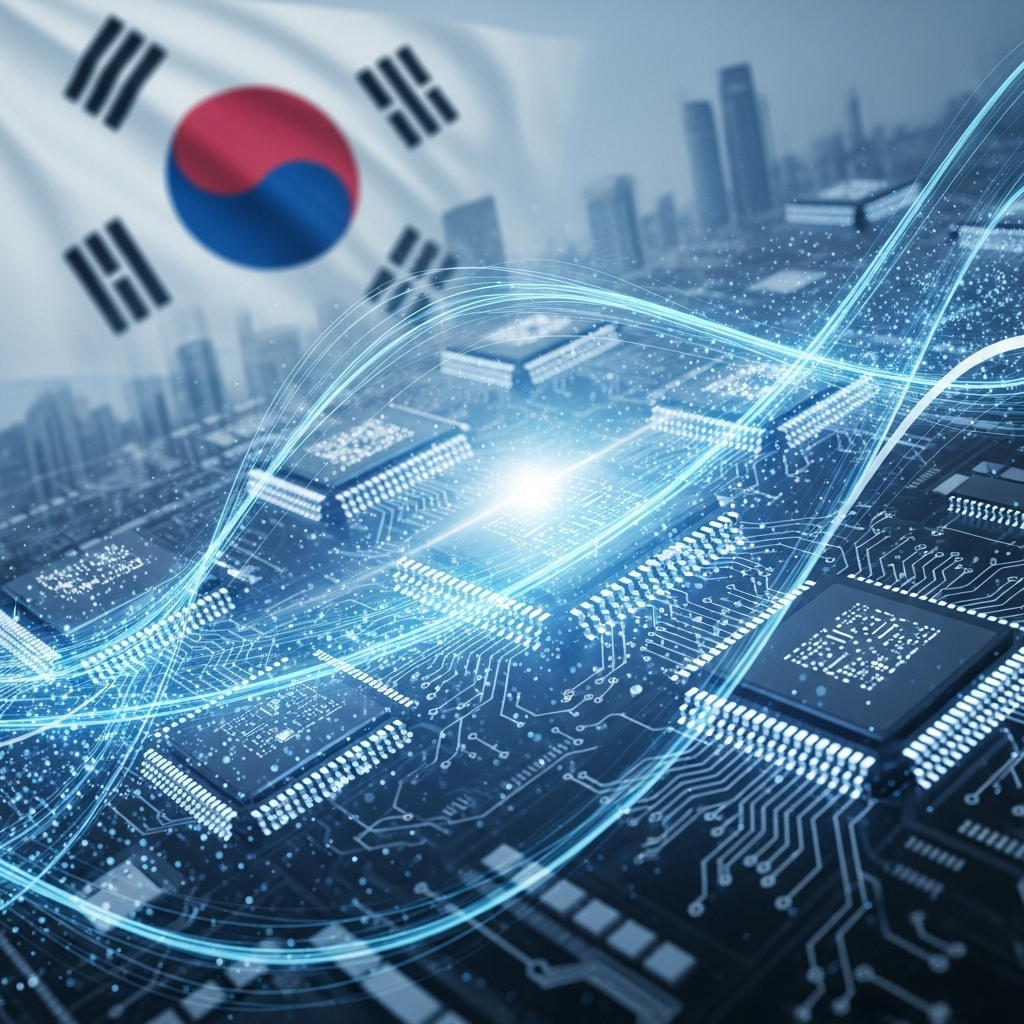 푸른빛과 회색빛이 감도는 첨단 반도체 칩들이 역동적으로 연결된 모습. 한국의 혁신적인 기술력과 미래 지향적인 반도체 산업을 상징하며, 글로벌 리더십을 강조합니다.