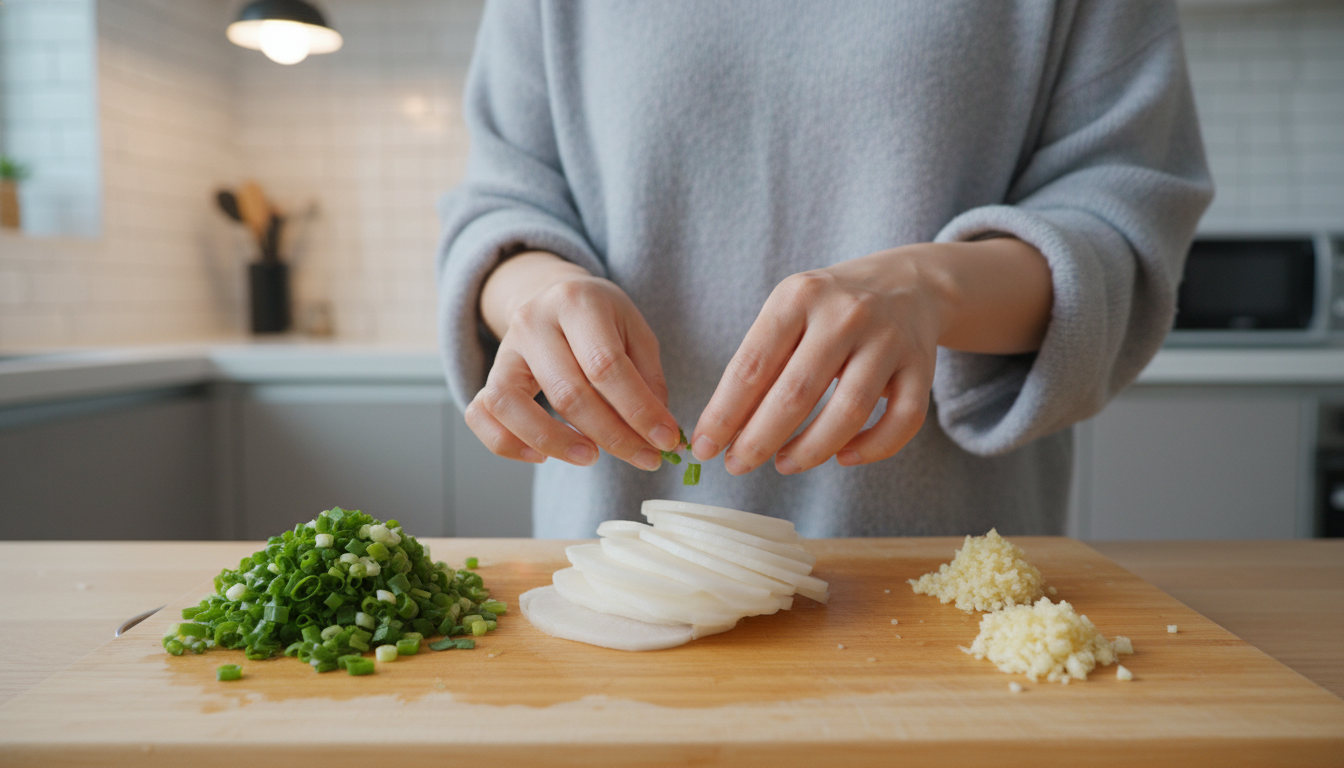 현대 한국식 주방에서 신선한 무, 파, 마늘 등 무국 재료를 손질하는 모습.