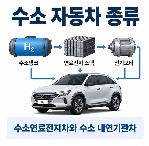 수소탱크 연료전지 모터와 자동차를 배경으로 수소 자동차 종류라는 글자가 중앙에 놓인 친환경차 기술 인포그래픽