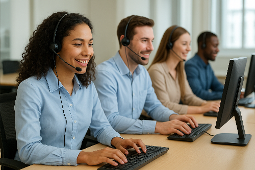 남녀상담사들의 웃으면서 근무하는 모습