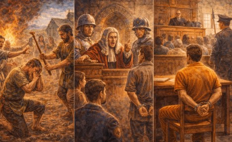 잘못을 저지른 사람에게 공동체가 직접 책임을 묻고, 질서를 지키기 위해 벌을 주던 장면을 표현한 사진입니다.