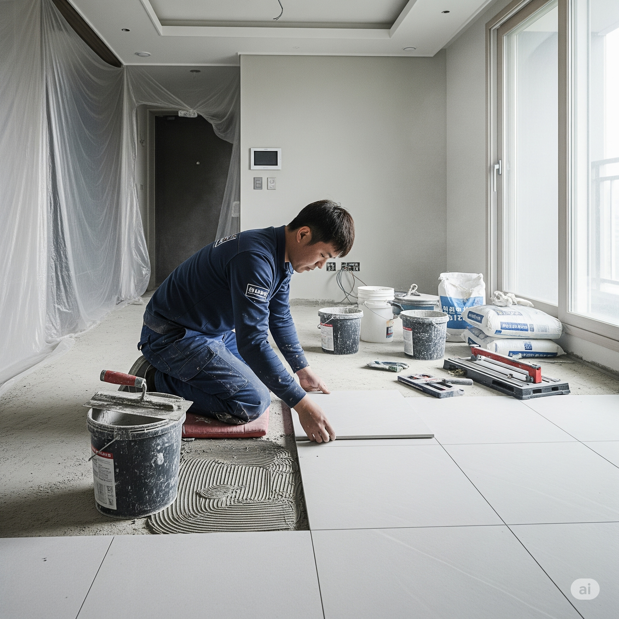 바닥 타일 공사하는 남성의 모습
