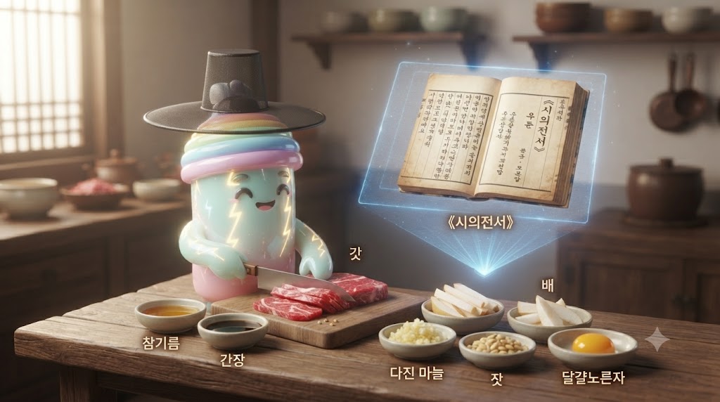 쫀쿠가 조선 시대의 전통적인 주방 배경에서 신선한 소고기 우둔살을 가늘게 채 썰고 있습니다. 쫀쿠는 조선시대 선비들이 쓰던 갓을 변형한 미니 모자를 쓰고 있으며, 옆에는 19세기 요리서 《시의전서》가 펼쳐져 있습니다. 쫀쿠의 손길이 닿은 고기는 참기름, 간장, 마늘 등과 버무려져 빛깔 고운 육회로 변신하고 있고, 그 위로 배채와 잣, 달걀노른자가 탐스럽게 올라갑니다.