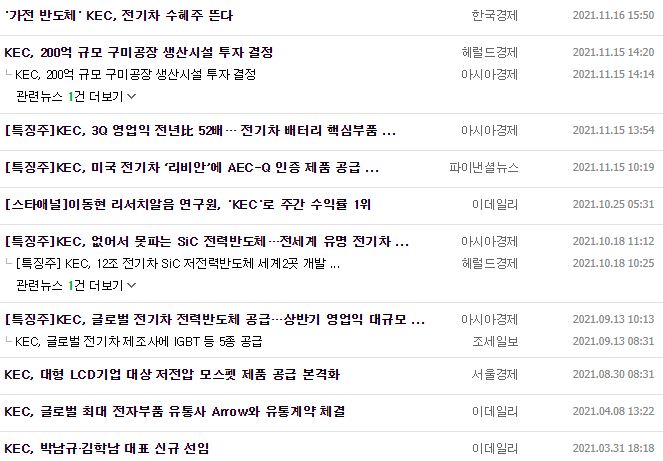 KEC 뉴스, 공시
