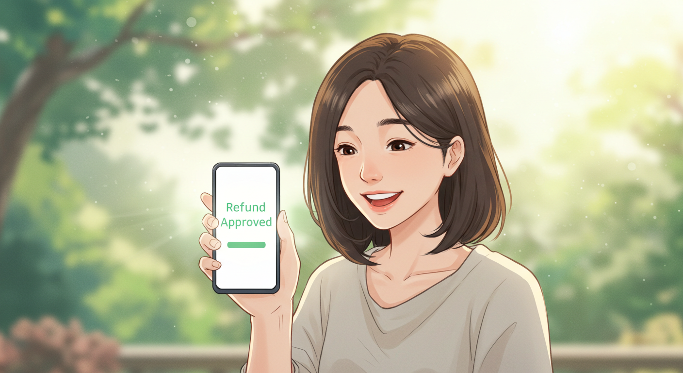 환불 승인 알림을 확인하고 안도하는 소비자