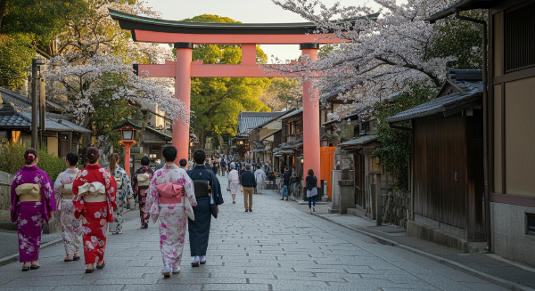 교토의 전통거리에서 기모노를 입고 걷는 사람들