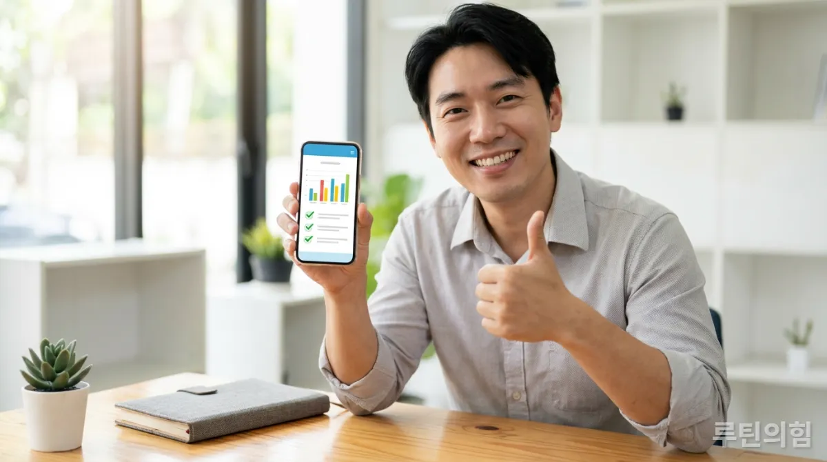 한국 남성이 스마트폰 앱으로 자기계발 습관을 추적하며 성취감을 느끼는 모습