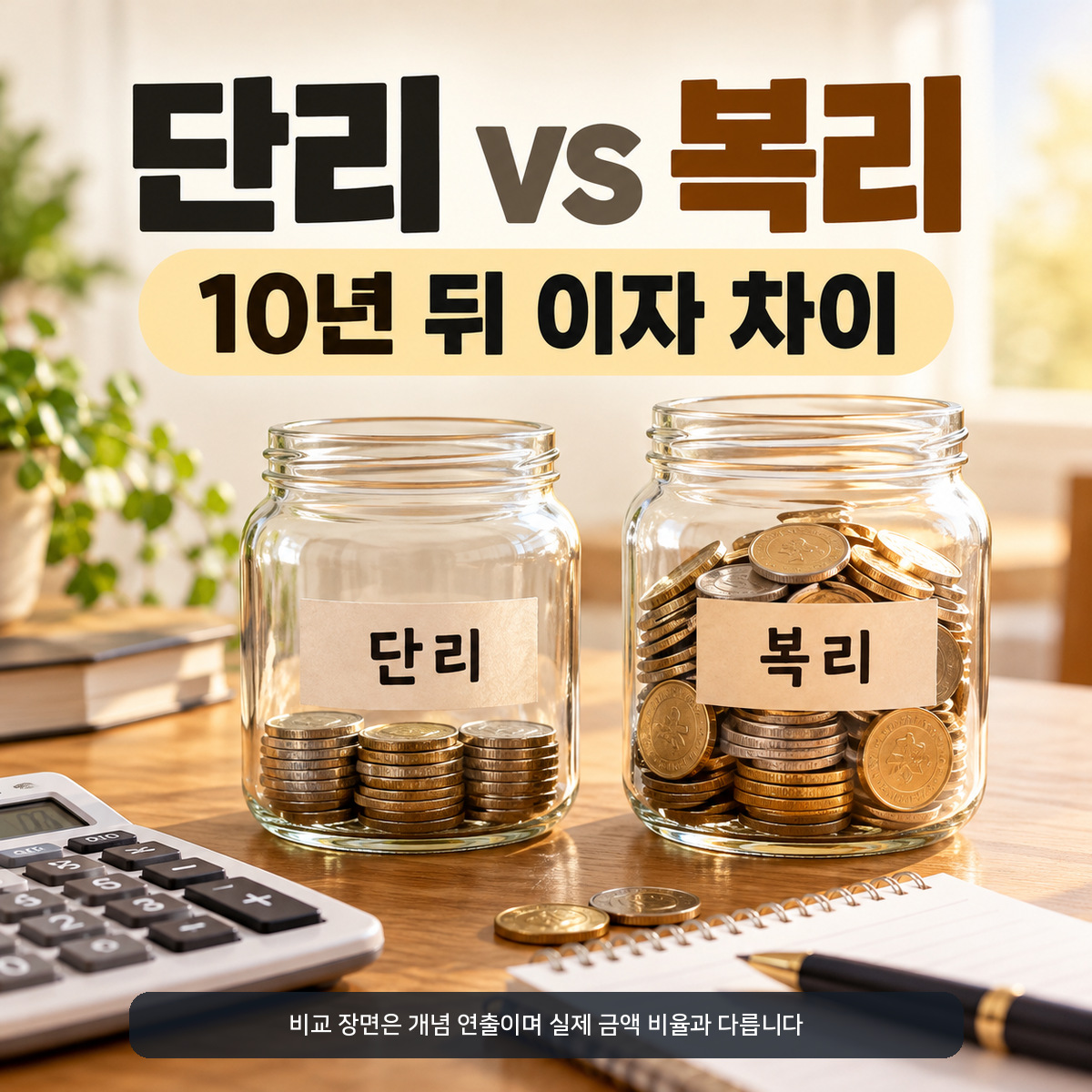 단리와 복리라고 적힌 두 저금통과 계산기가 놓인 책상, 10년 뒤 이자 차이를 비교하는 대표 이미지