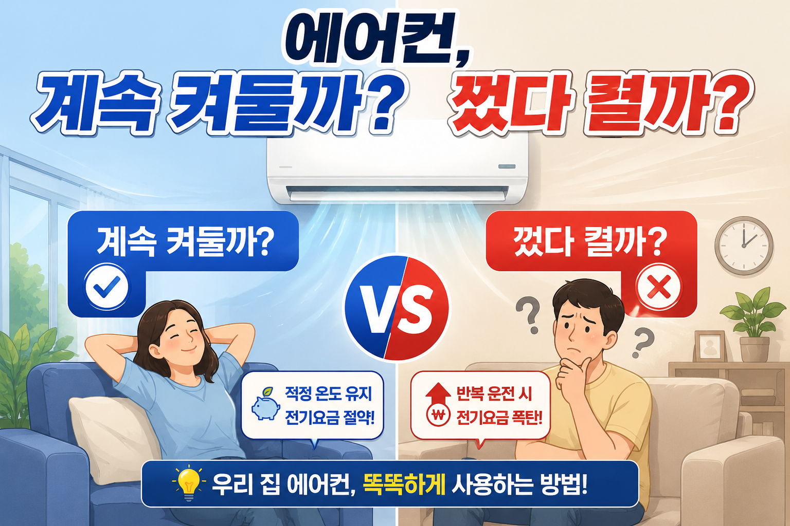 여름철 에어컨을 껐다 켰다 하면 전기요금이 늘 수 있다는 내용을 강조하고 인버터형 에어컨과 정속형 에어컨의 올바른 사용법을 설명하는 이미지