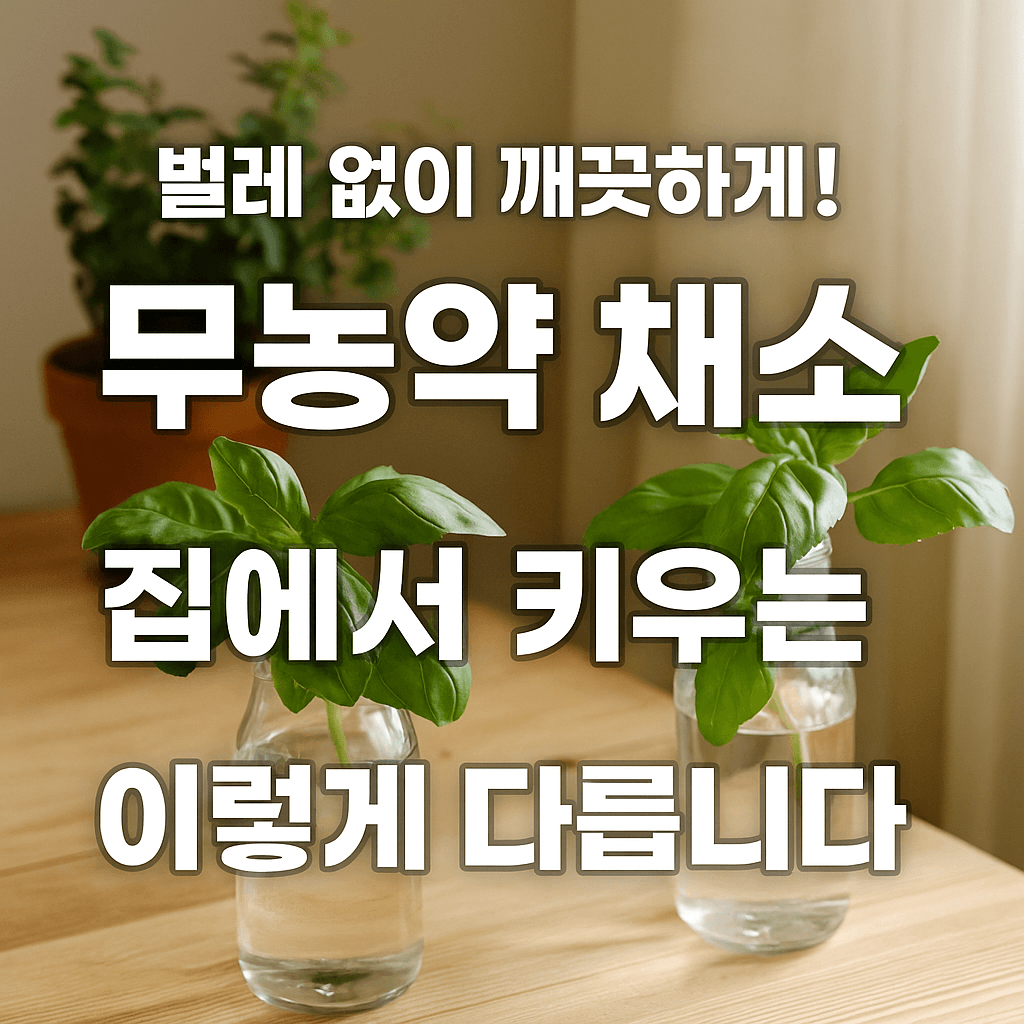 실내에서 무농약 채소를 깨끗하게 재배하는 방법을 안내하는 가이드 썸네일 이미지. 초록빛 배경에 화분과 상추, 청경채 등 채소 일러스트가 배치되어 있으며, ‘벌레 없이 깨끗하게! 무농약 채소 기르기’라는 문구가 큼직하게 삽입되어 있음