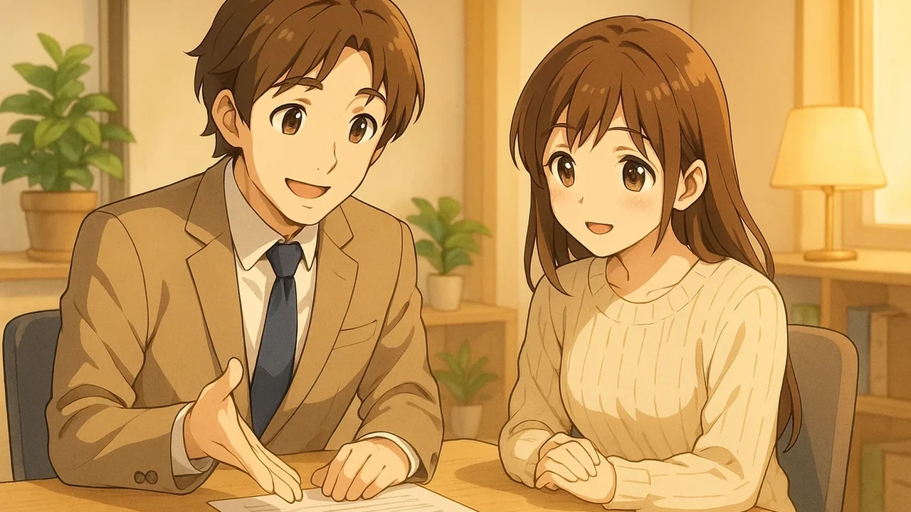 상담사와 고객이 함께 서류를 보며 미소짓는 모습