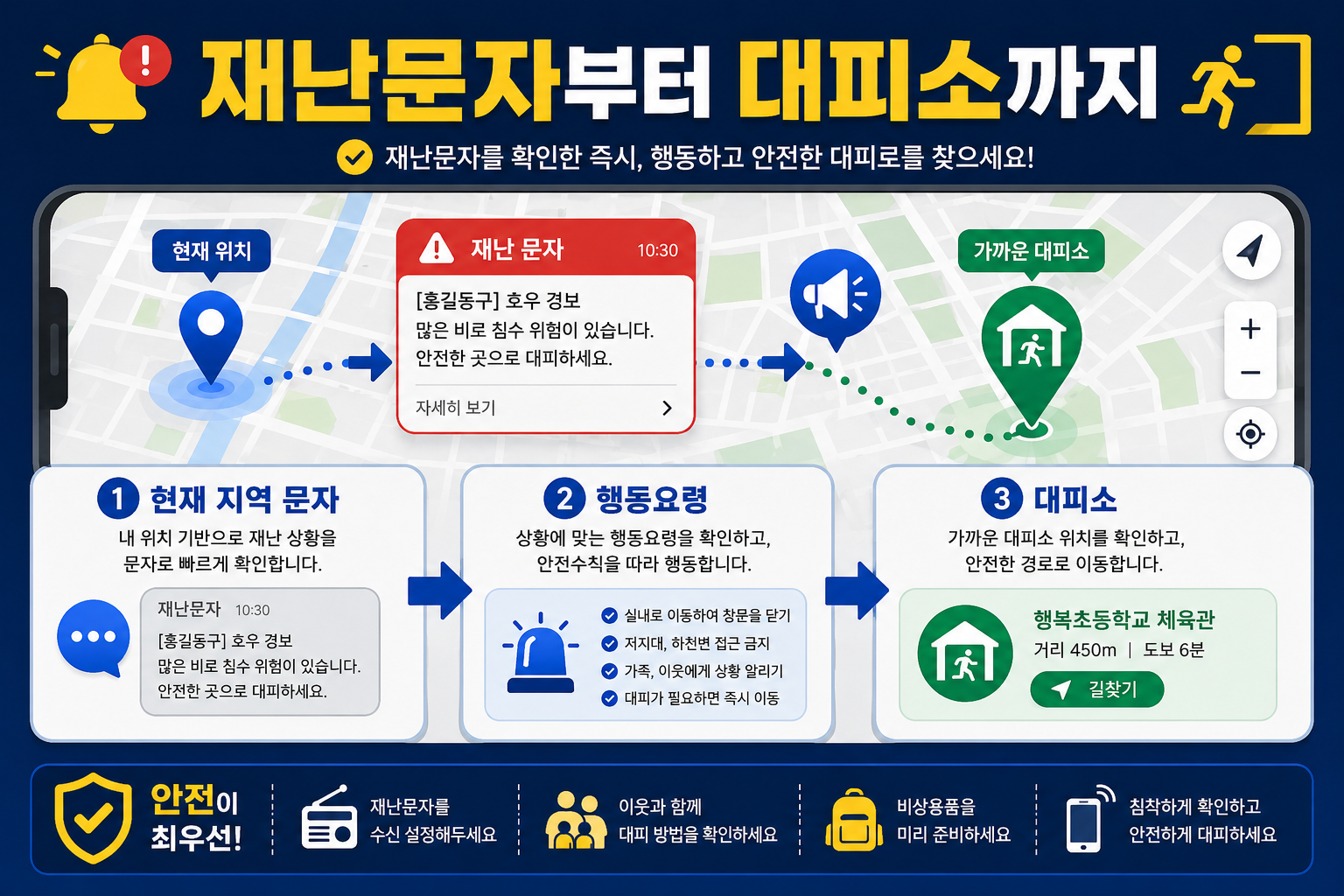 안전디딤돌 앱에서 현재 위치 기반 재난문자와 대피소를 확인하는 방법
