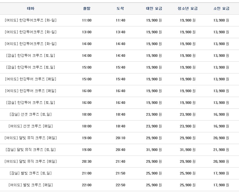 한강유람선 가격 / 시간, 타는곳 일반크루즈