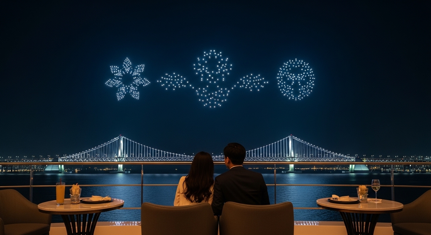 2025년 광안리 드론쇼를 루프탑 카페 또는 요트 위에서 편안하게 즐기는 사람들의 모습. 광안대교를 배경으로 드론쇼가 펼쳐지고 있습니다.