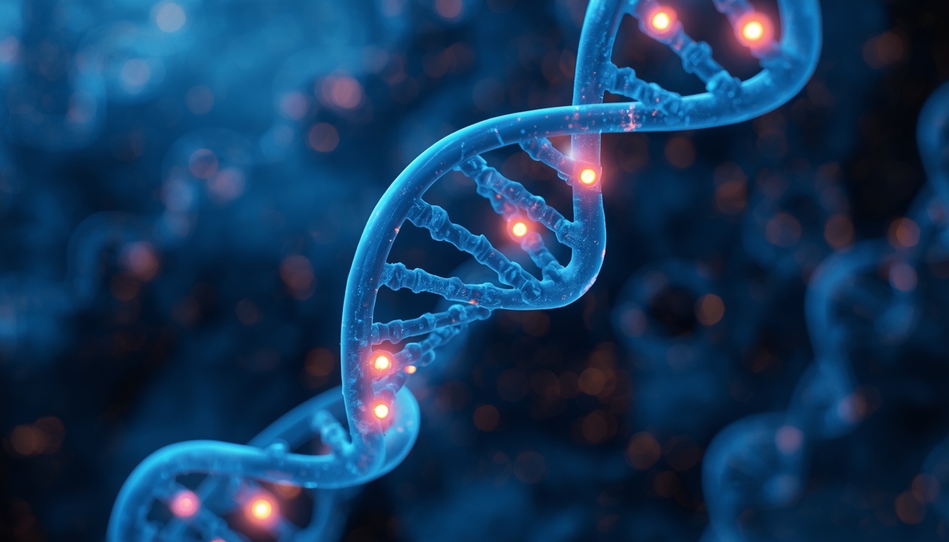 Digital artwork showing a DNA helix with glowing molecular switches illustrating epigenetic contro