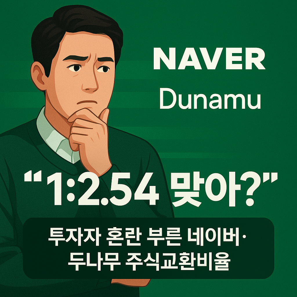 네이버 녹색 배경 위에서 혼란스러운 표정의 인물이 ‘1:2.54’ 문구를 바라보는 주식교환비율 설명 썸네일 이미지.