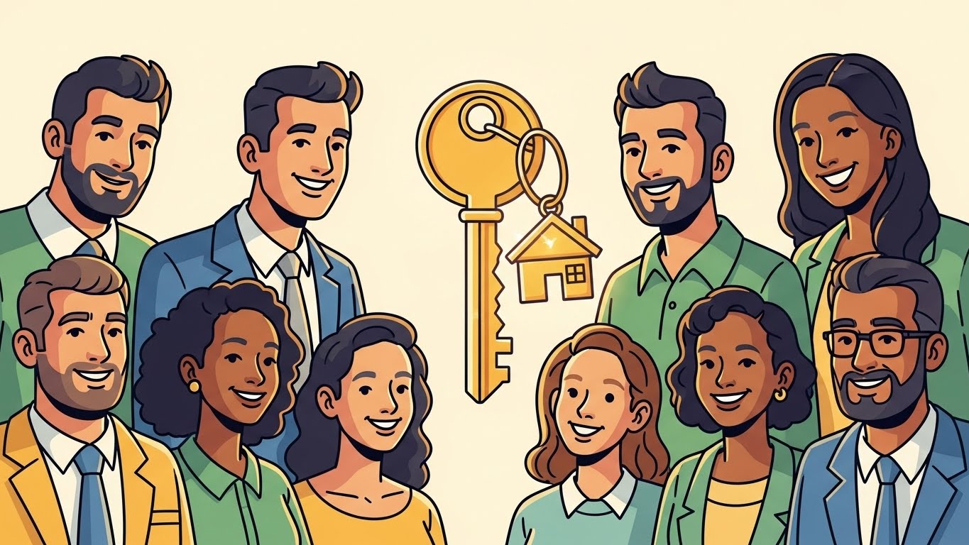 정확한 정보와 정책 활용으로 내 자산을 지키고 행복한 미래를 맞이하는 성공의 상징 그래픽