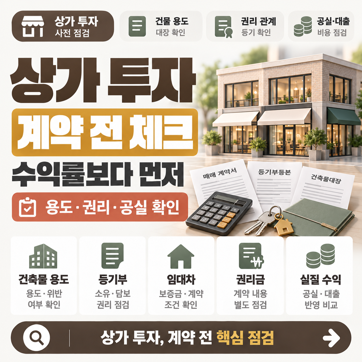 상가 건물 앞에서 계약서와 등기부등본, 건축물대장을 비교하며 살펴보는 투자자