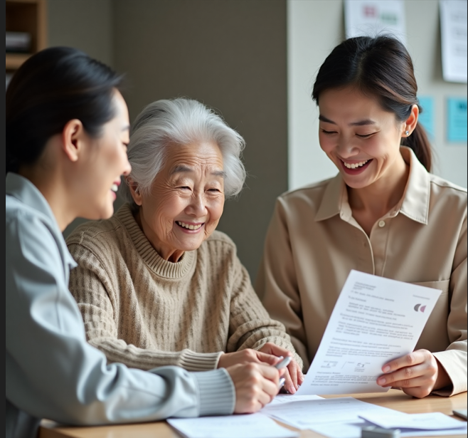 동사무소에서 직원의 도움을 받으며 소비쿠폰을 신청하는 어르신