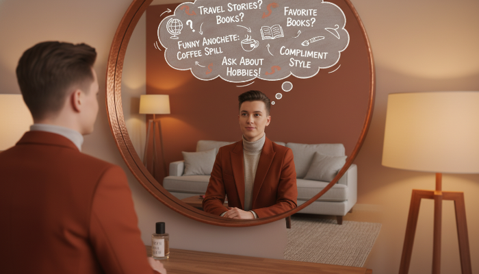 데이트를 준비하며 거울을 보며 자신감을 다지는 사람. 대화 전략을 생각하는 모습.
