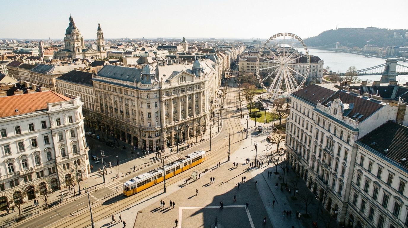 부다페스트 5구 데아크 페렌츠 광장 주변 거리와 트램이 지나가는 풍경