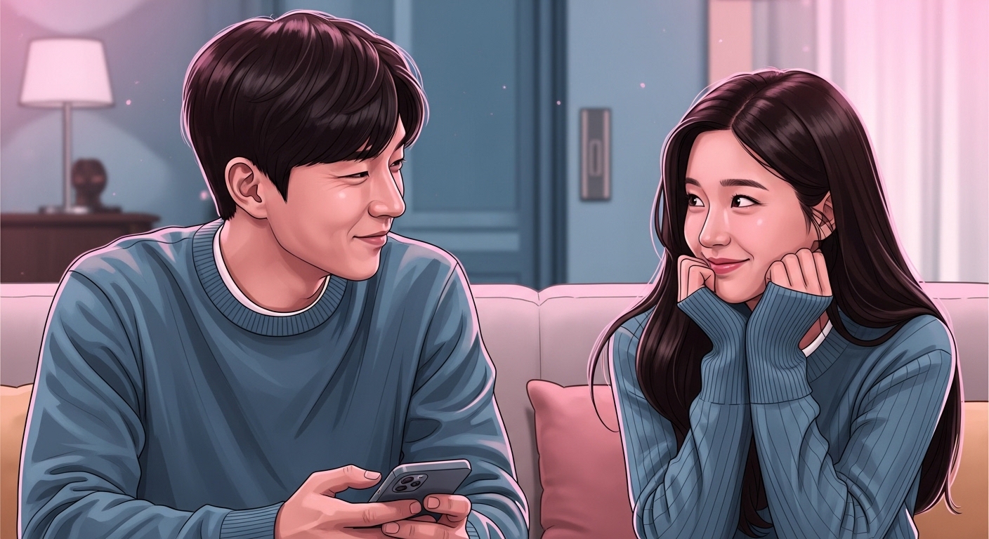 배우 김승수와 방송인 송은이가 따뜻한 분위기 속에서 서로를 바라보며 미소 짓는 모습. 두 사람 사이에 핑크빛 기류가 감도는 로맨틱한 장면.