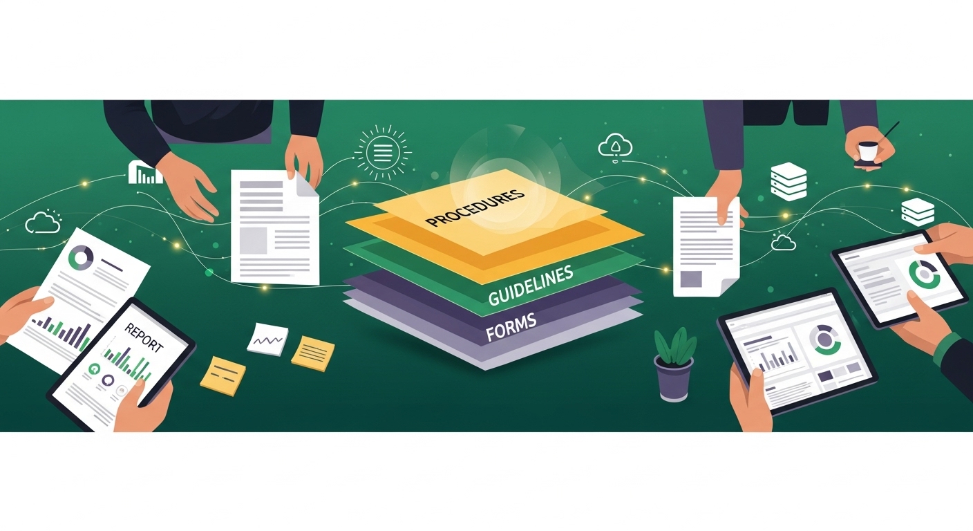 다양한 문서들이 계층적으로 분류되고 체계적으로 연결되어 있는 현대적인 사무 환경 일러스트. 문서 관리의 기본 개념과 조직도를 시각적으로 표현합니다.