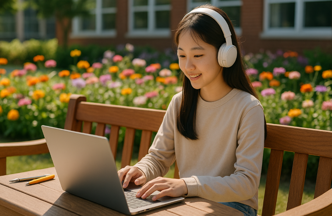 학교 야외 테이블에서 온라인 공부중인 여학생의 모습