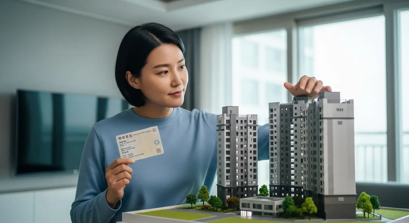 F-4 비자(재외동포)를 상징하는 거소증과 한국의 아파트 모형을 보며 주택담보대출을 알아보는 모습