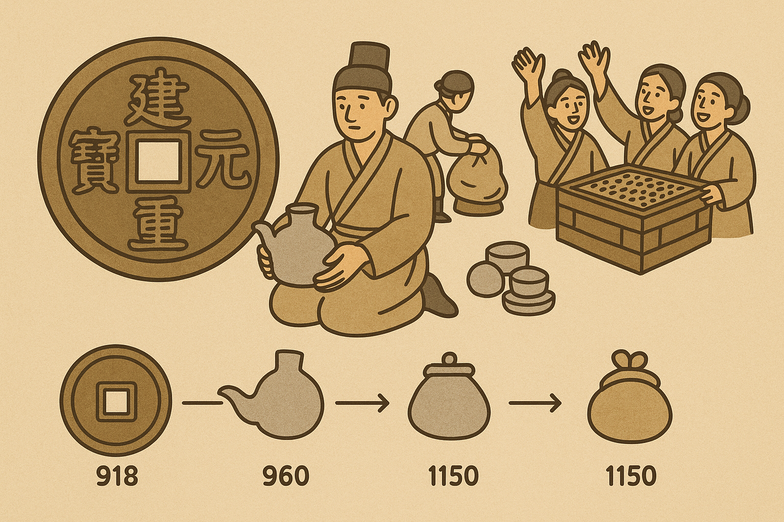 좌측에서 우측으로 건원중보 동전, 은병과 상인(거래&middot;숨기는 모습), 사전 추첨 장면을 담은 고려 경제 인포그래픽