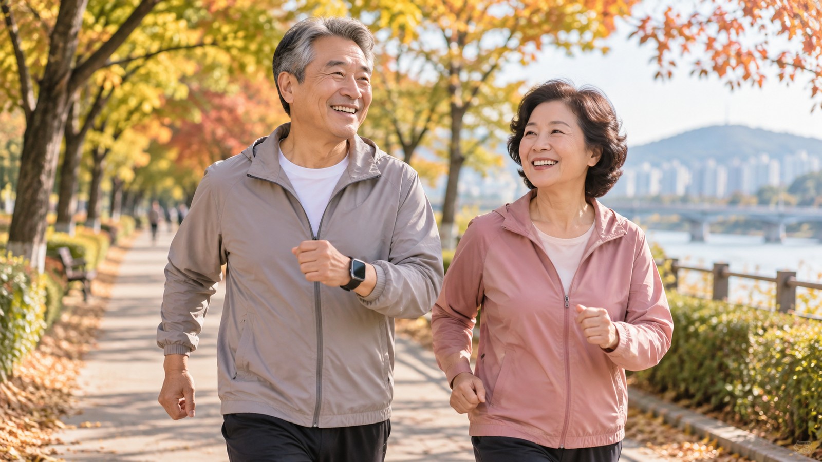가을 강변 산책로에서 중장년 부부가 운동복 차림으로 함께 걷는 모습