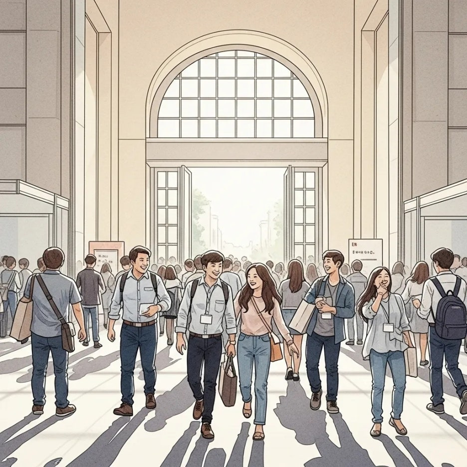 많은 사람들이 기대감에 차서 메가쇼 입구로 들어서는 모습