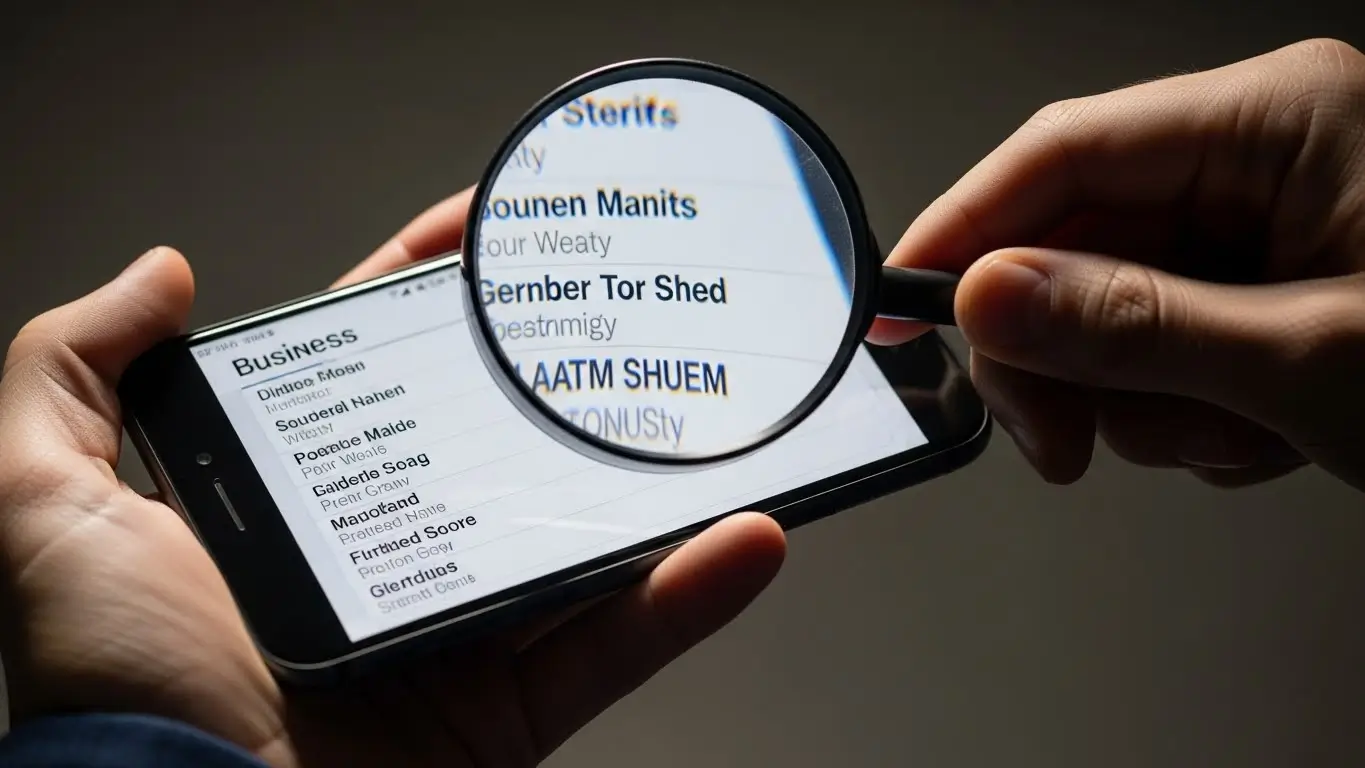 스마트폰과 돋보기를 이용하여 대부업체 이름을 꼼꼼하게 확인하고 안전 여부를 검사하는 사용자의 손