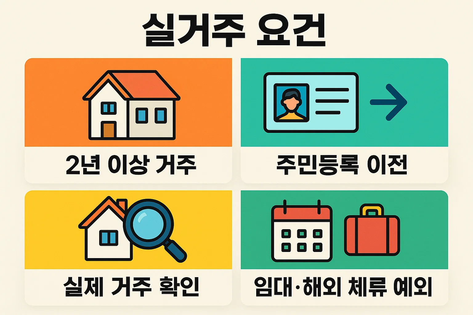 1세대1주택 양도소득세 비과세를 위한 거주 요건으로 2년 이상 거주, 주민등록 이전, 실제 거주 확인, 임대 및 해외 체류 예외를 정리한 인포그래픽