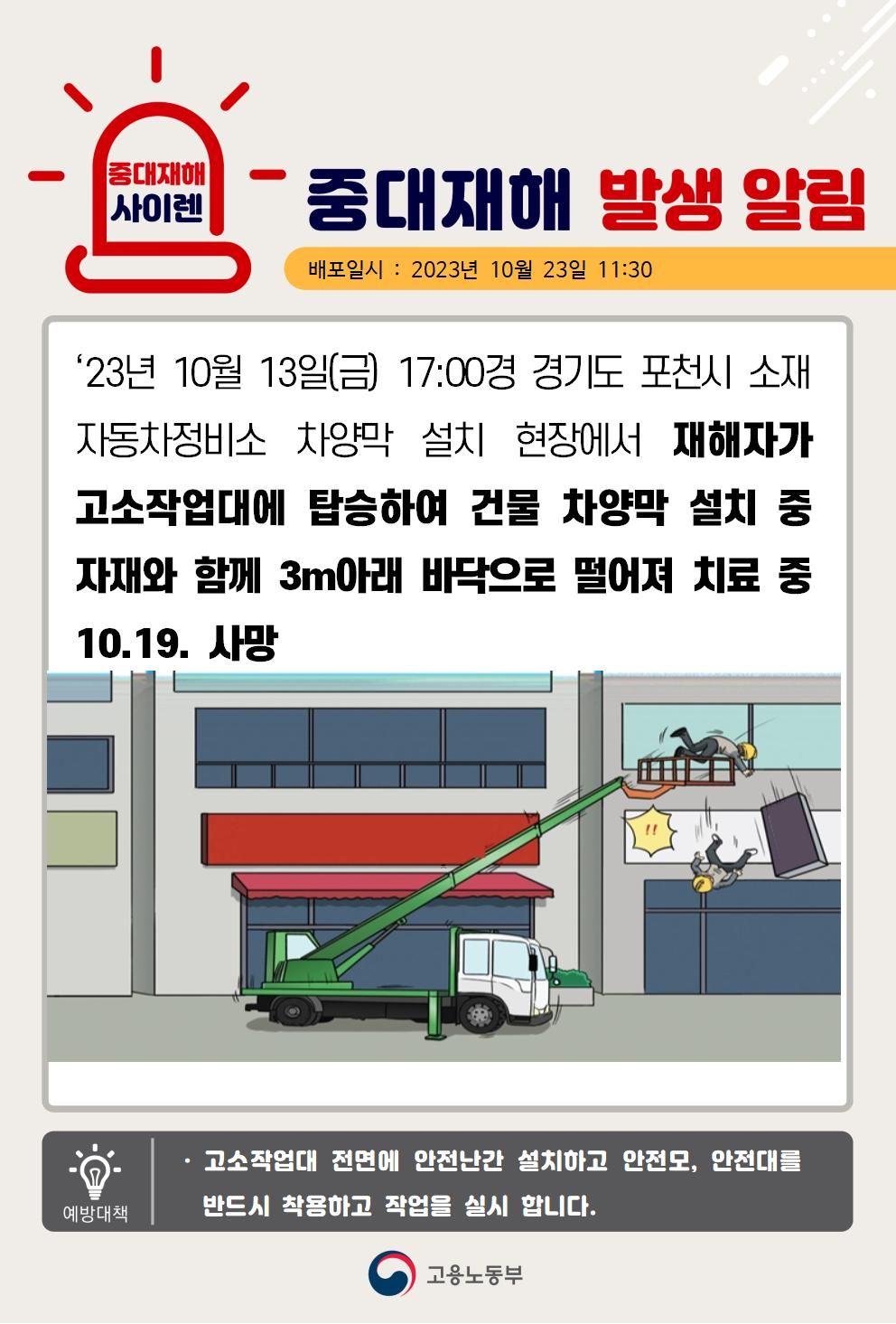 고소작업대에서 차양막 설치 작업 중 떨어짐(3m)
